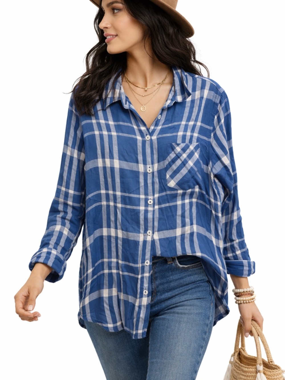 Woolrich Womens Medium Blue‎ White Plaid Button Down Rayon Relaxed Shirt Pocket